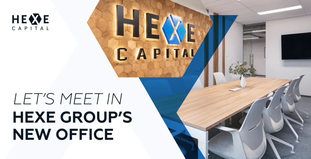 banner with text: "let's meet in hexe group's new office"